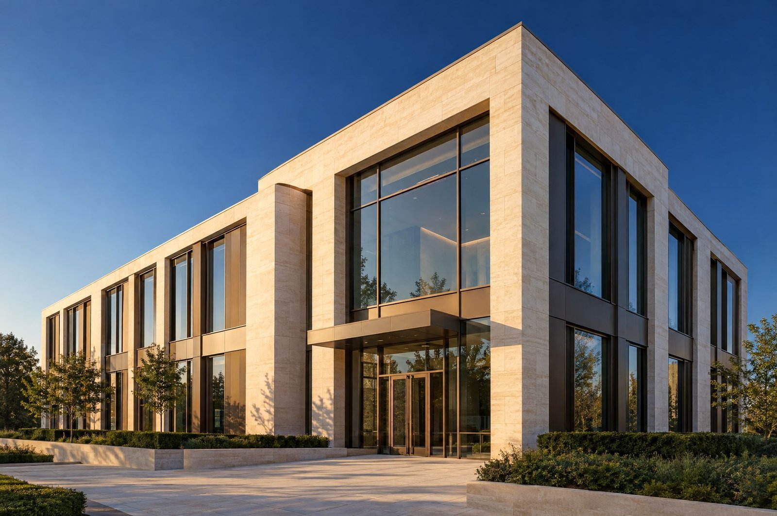Modern limestone and bronze-glass office building in early morning light