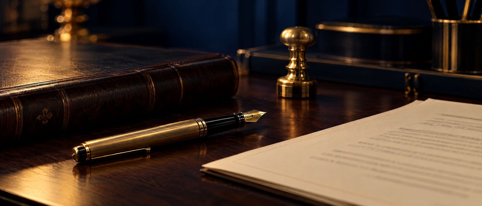 A brass fountain pen, leather-bound ledger and signed documents on a dark walnut desk